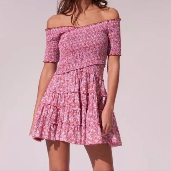 Poupette St. Barth Dresses & Skirts - Poupette St Barth Soledad Floral Smocked Asymmetrical Mini Ruffle Dress Sz Small